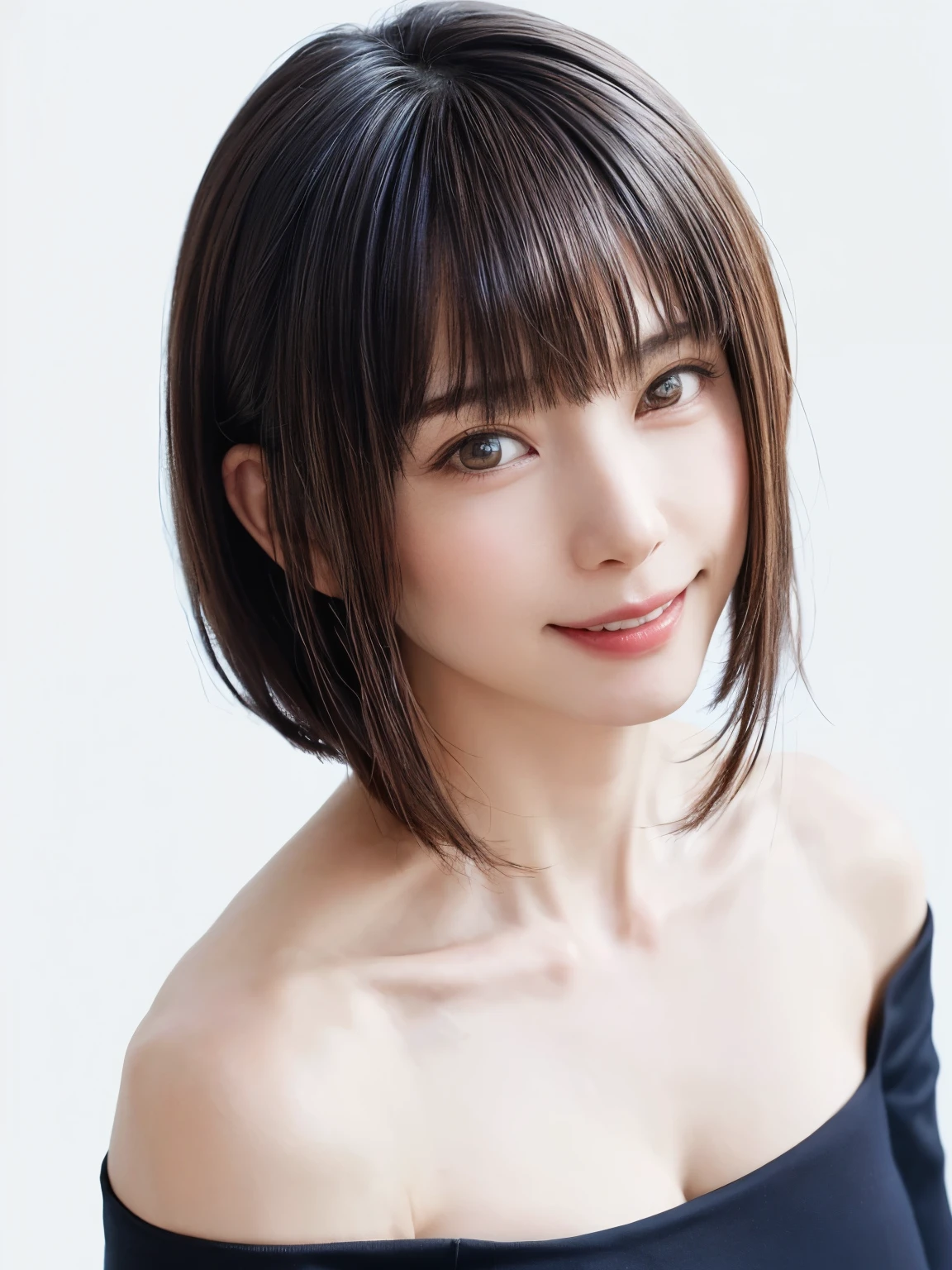 1 girl, alone, Beautiful Skin, very detaileded, ultra detaileded, Ultra-high resolution, (Photorealism:1.4), (highest quality), (Best Shadow), detailed, Perfect lighting, Black Hair, ((Showpiece, highest quality, High precision)), One Girl, (Realistic: 1.4), (look up at the camera even a little, カメラをlook up, look up, look up at the camera, Looking into the camera))), alone, White Background, snow-White Background, shut up., smile, pretty Black Hair, short hair:1.6, Big eyes, Beautiful double eyelids, eyelash, listen, Long neck, 美しいLong neck, Absolute area, ((Face close-up, short hair with bangs、Short Bob Hair:1.5、Off the shoulder)), 19 years old, Attractive proportions, Shiny skin, Beautiful clavicle, Golden ratio face, Perfect Face, Teardrop-shaped mole, Mole on chest, bangs, clean bangs, beautiful bangs, Lip gloss, Thin lips, White skin, I took off my clothes, Small face, Small face, 少し上を向いてLooking into the camera, ((smile a little for the camera, really nothing pure White Background, Listen carefully, big 胸、Dynamic Angle:1.5、Safe at Work:2))