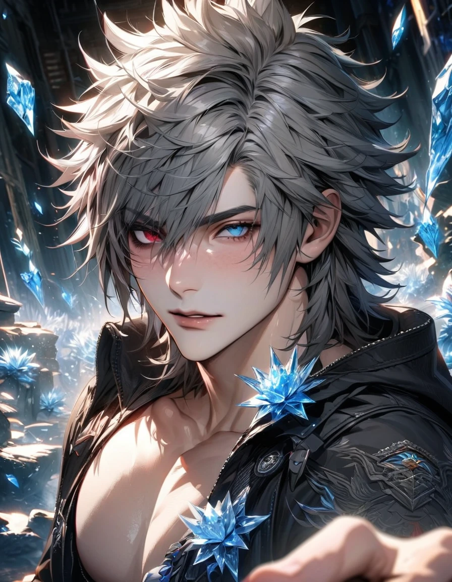 absurdres, highres, ultra detailed, HDR, masterpiece, extremely detailed face and eyes, extremely detailed features, Riku, gray spiky hair, heterochromia, left eye red, right eye blue, final fantasy xv, solo, sexy man, handsome, black jacket, gray shirt, ice butterflies, ice flowers