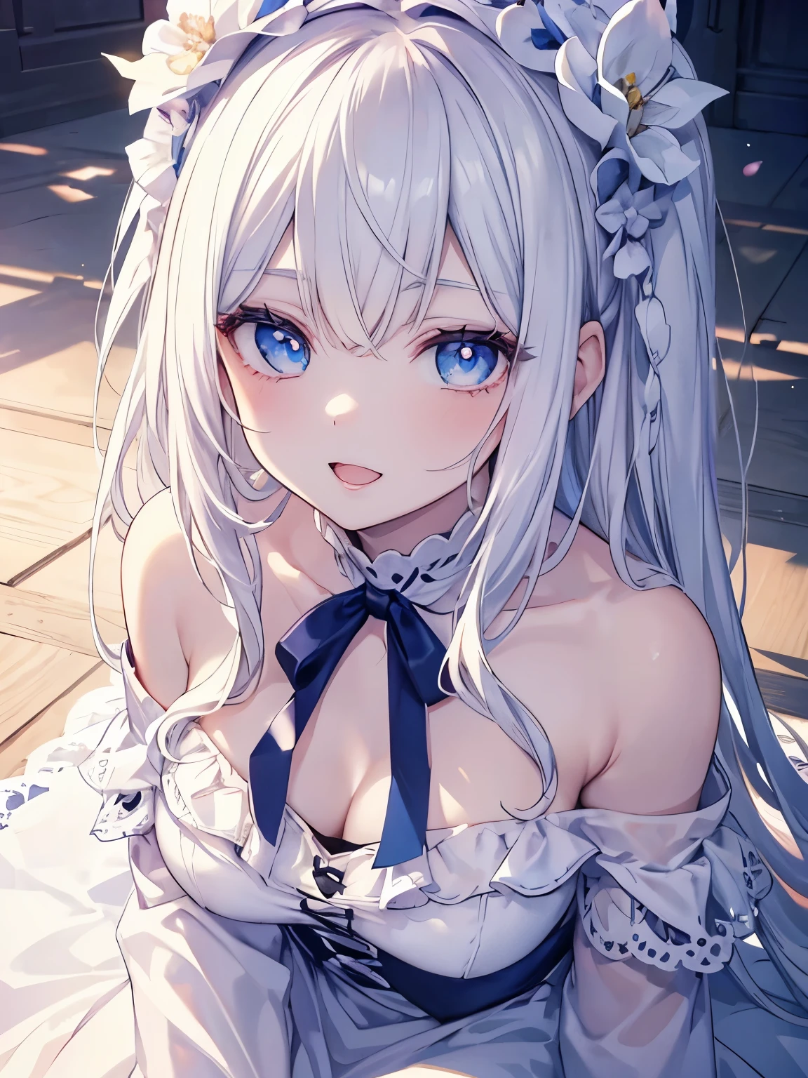 Adult girl, long white hair, blue eyes, beautiful dress, open chest, smile, masterpiece, high quality