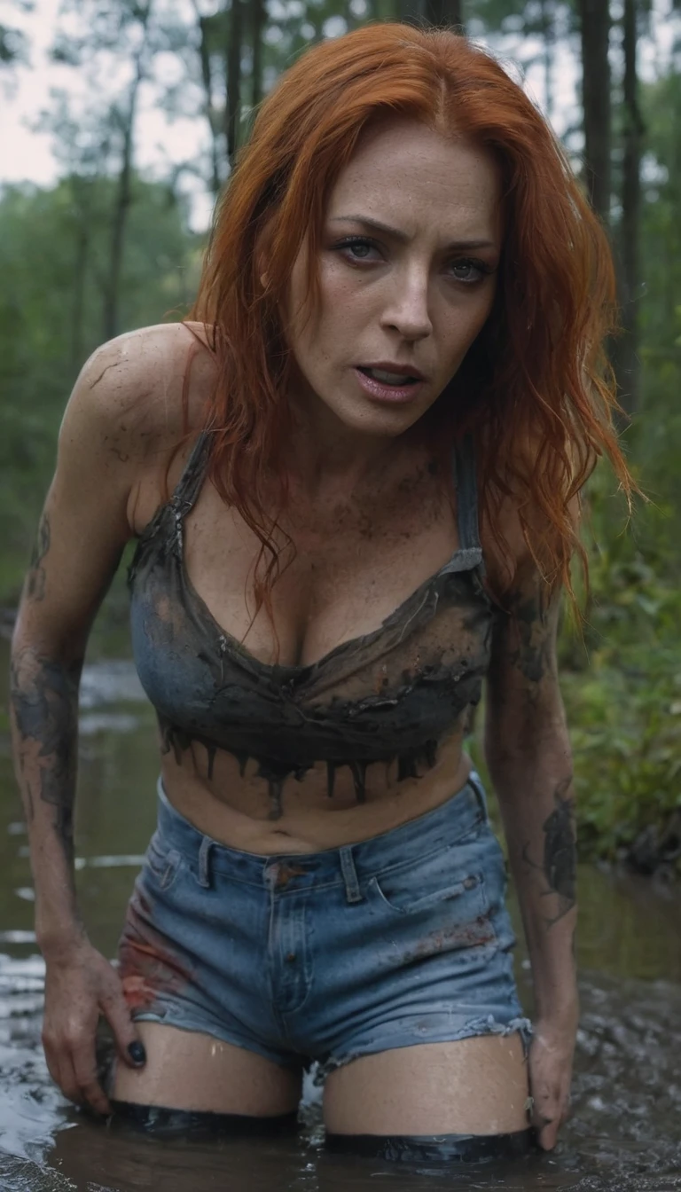 Hyper-realistic, ultradetailed, Raw, masterpiece. (a closeup portrait). A night in a dark forest. 40-years-old woman is caught drowning in a quicksand sticky cement bog. The swamp sexually devours her body. ((on face: fright, depraved)). ((denim shorts)), stockings, (sexy t-shirt), shortness of breath, shameful, loses control of himself, ((Trapped in lust, defenseless)), Copper-red hair, sweat, hard breath