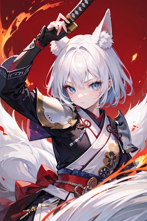 high qulity, tmasterpiece, ultra - detailed, White Fox Samurai, short detailed hair, mesmerizing eyes, Holding a katana, Japanese-style armor, fiery background