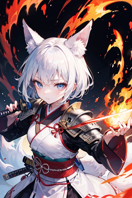 high qulity, tmasterpiece, ultra - detailed, White Fox Samurai, short detailed hair, mesmerizing eyes, Holding a katana, Japanese-style armor, fiery background