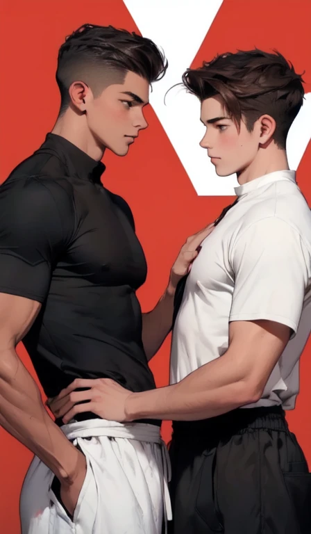 2hommes, mise au point du visage, 1 adulte costume cheveux noir peau clair yeux sombre grand muscle muscles , 1 ager 18 years old high brown hair very white skin brown eyes , best quality, facial detail, red background detail, fond bokeh, deux jeunes hommes, a brown hair high school student, et l'autre cheveux noir garde du corps muscle, represents a forbidden relationship with two men,fond rouge,absurdes,chef-d'artwork,High resolution,complex and detailed,a Sigma male,sexy,muscle,strutting en plein air,Des yeux magnifiques,detailed face,pluie battante,en plein air,Illumination globale,Diffusion souterraine, boire une cigarette