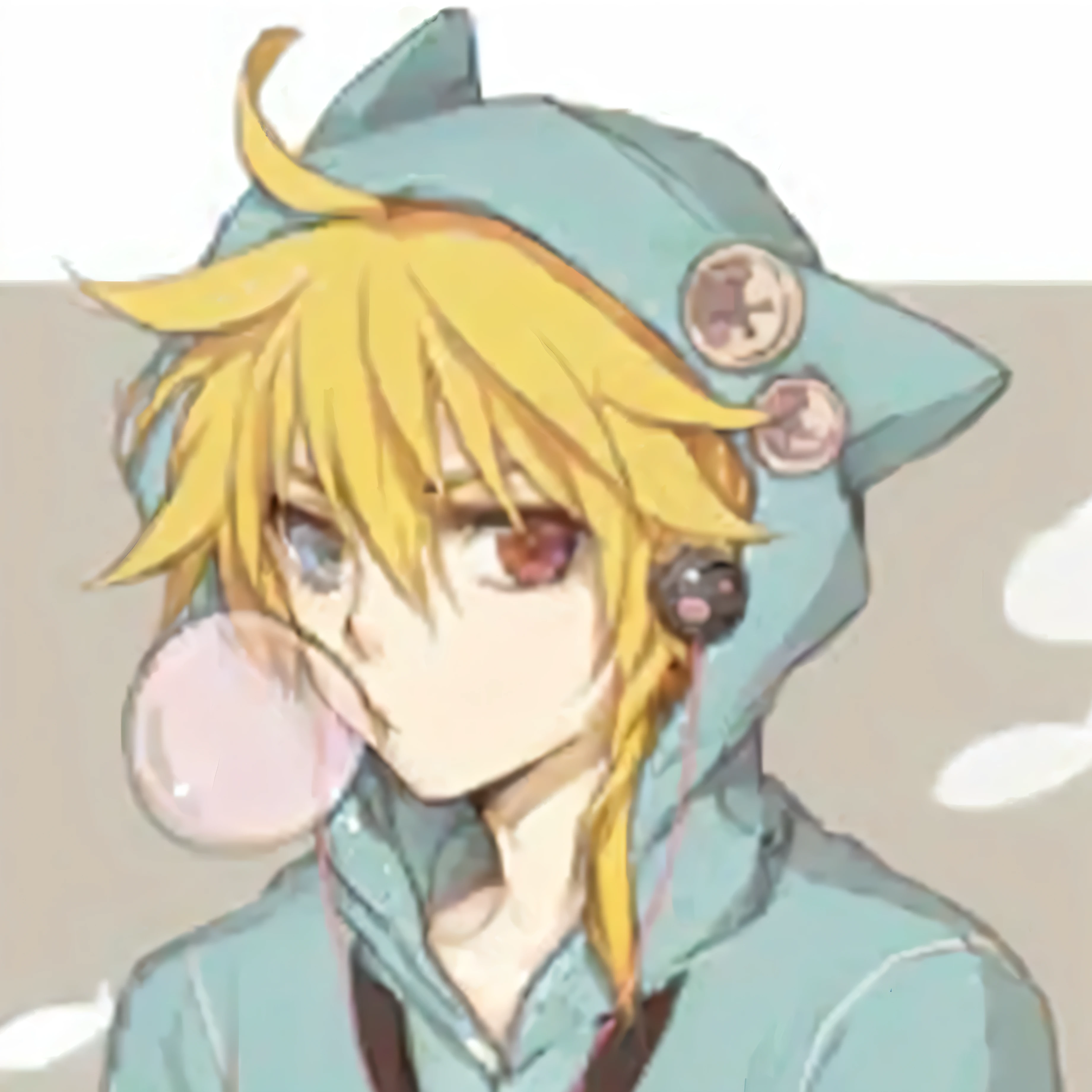 Close-up of person in hoodie blowing bubbles, Kaimonomimi, Niferpitou, kagamine still, still, Anime style", anime boy, Yuno, , Ezreal (League of Legends, Leisure Style, Desire Personality, Takeshi Kanda, Local Customs Department, Shinbo Akiyuki
