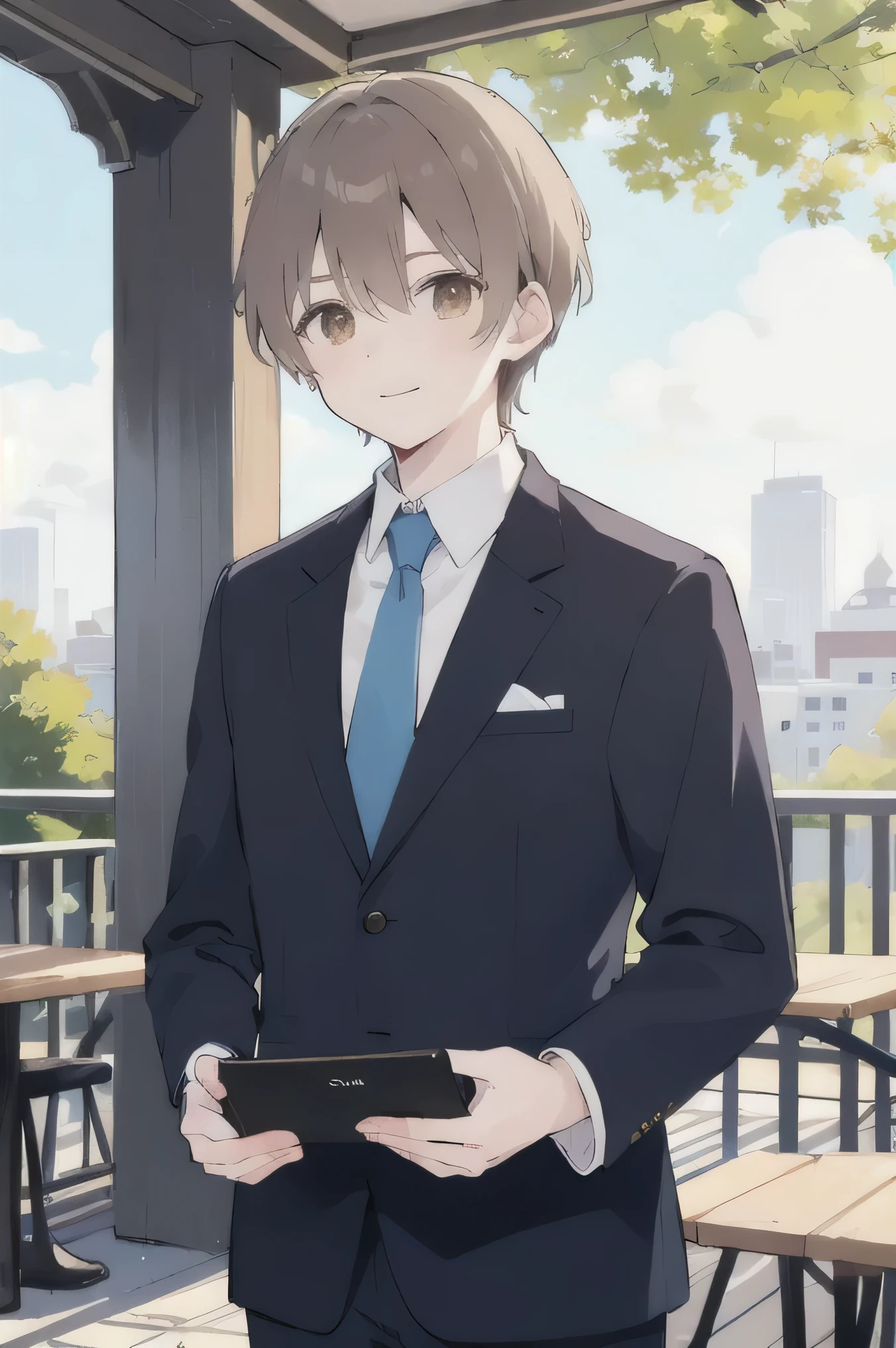 male、29-year-old、Japanese、In a suit(Grey suit with blue tie)、A cafe terrace bathed in bright sunlight、Brown Hair、Brown eyes、A gentle smile、Cute Face、At work looking at a tablet、