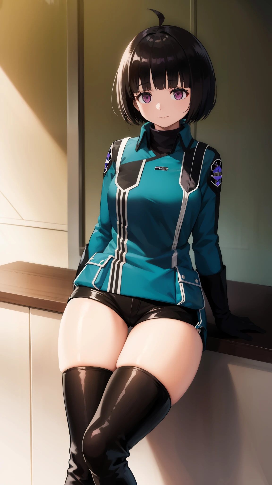 One girl, alone, amateur_chika, short hair, Black Hair, Blunt bangs, Bobcut, Ahoge, Purple eyes, Long sleeve, Blue jacket, uniform, Black Shirt, turtleneck, Symbolism, Short black shorts, Black boots, carrying a long rifle, Cowboy Shot、Thighs、Black thigh-high boots、（（（Black high heels）））whole body, face, high quality, masterpiece, 超High resolution, high quality, Attention to detail, 最high quality, High resolution