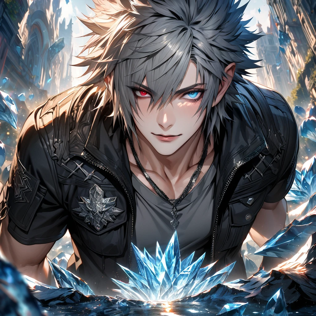 absurdres, highres, ultra detailed, HDR, masterpiece, extremely detailed face and eyes, extremely detailed features, Riku, gray spiky hair, heterochromia, left eye red, right eye blue, final fantasy xv, solo, sexy man, handsome, black jacket, gray shirt, ice butterflies, ice flowers