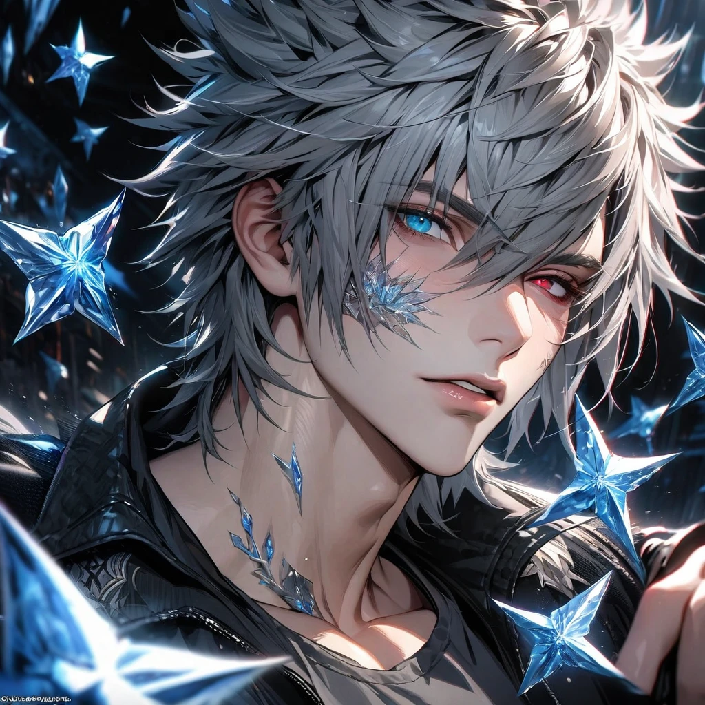 absurdres, highres, ultra detailed, HDR, masterpiece, extremely detailed face and eyes, extremely detailed features, Riku, gray spiky hair, heterochromia, left eye red, right eye blue, final fantasy xv, solo, sexy man, handsome, black jacket, gray shirt, ice butterflies, ice flowers