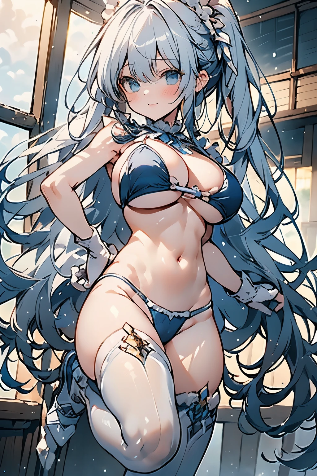 (Highly Detailed CG Unity 8K Wallpaper) (Better Quality) (Better lighting) (an extremely delicate and beautiful) ((blue micro bikini) cleavage), ((white) (frilled loincloth) (high slit)), ((high-cut) (thong) (cameltoe)), (blue ponytail (white ribbon)), standing on one leg, martial arts stance, dynamic pose, ((emerald eyes) highlights), (white gloves), (maid headdress) ,boots
