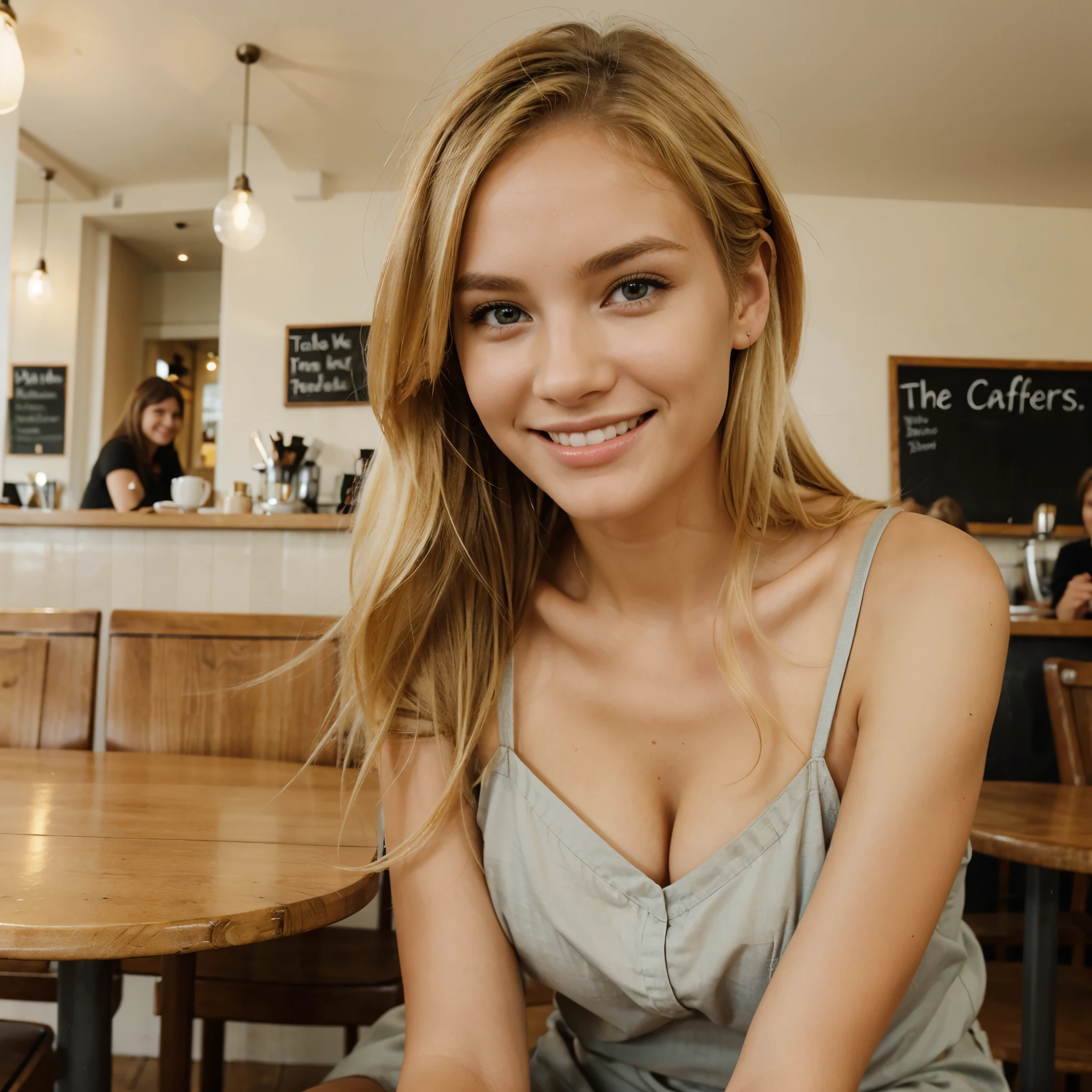 beautiful blonde girl sits in a cafe and smiles