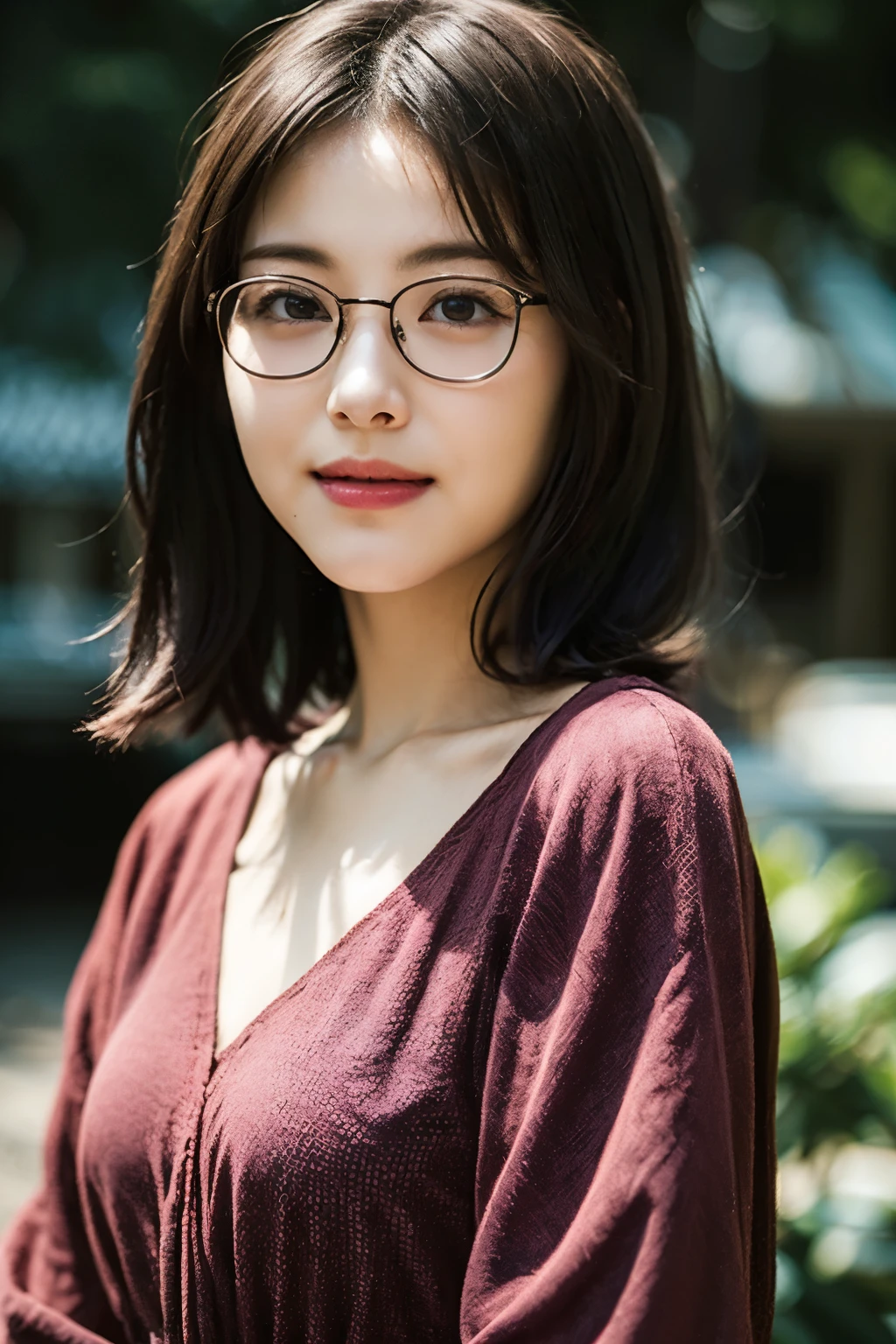 (8k、Raw photo、highest quality、masterpiece:1.2)、(Realistic、Photorealistic:1.37)、Ultra-detailed、超A high resolution、1 girl、Seeing the viewer、Beautifully detailed face、Laughter、narrow、(Narrow waist) :1.3)、Loose-fitting clothing、Beautifully detailed skin、Skin Texture、Floating Hair、Professional Lighting、Forest Park、Black square glasses 、Human whole body、Brown Hair