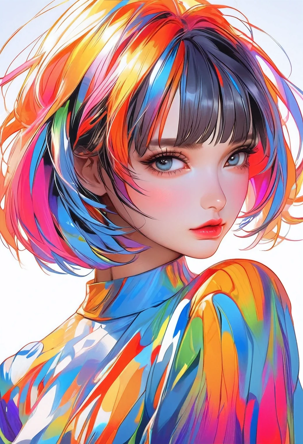 masterpiece, highest quality, 16k, unbelievably absurd, very detailed, perfect beauty, beautiful cute girl, in a beautiful pose, modern sauvage bob hair, through bangs, vibrant colors illustration