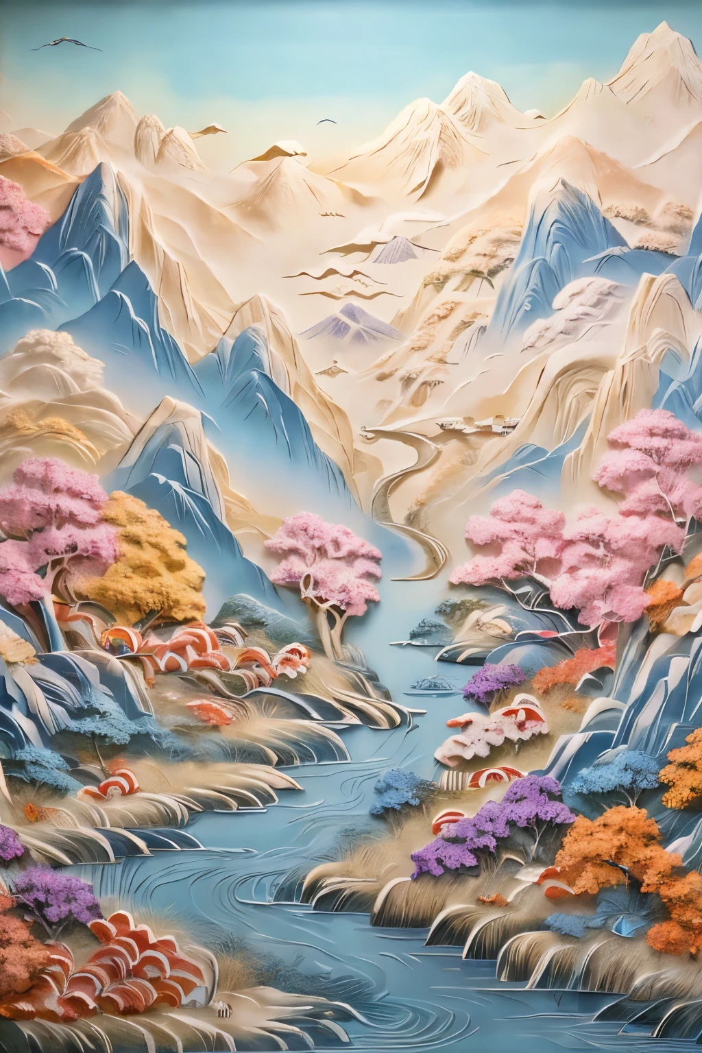 A painting of a mountain scene with tree,Baretree,battle,cloud,day,dragon,fantasy,flock,ice,landscape,lightning,mountain,mountainous horizon,no humans,ocean,outdoors,river,scenery,shore,sky,snow,sunlight,water,waves, not too many mountains, artistic conception, bamboo raft on the water surface