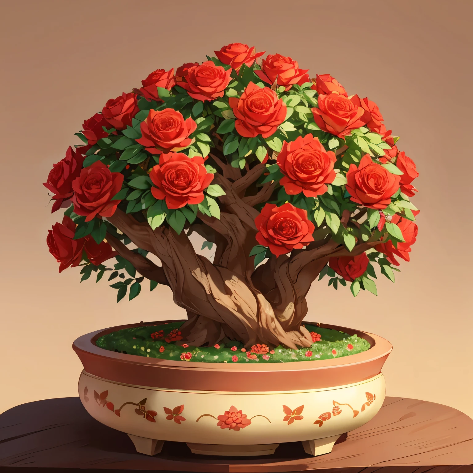 Create desert roses with huge caudex style bonsai with lots of roses. Flower is adenium. Desert background  