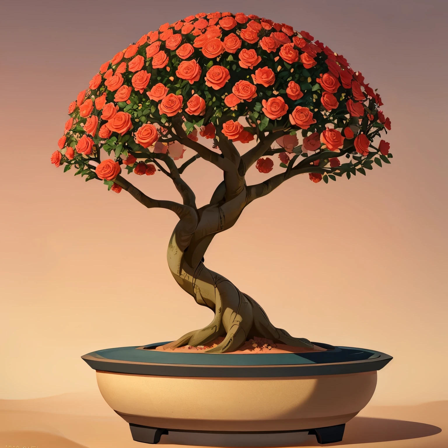 Create desert roses with huge caudex style bonsai with lots of roses. Flower is adenium. Desert background