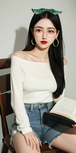 1girl, long black hair, green eyes, round glasses, red lips, hoop earrings, sitting on chair, reading book, black sneakers, green hairband, white top, long sleeves, denim shorts, black socks