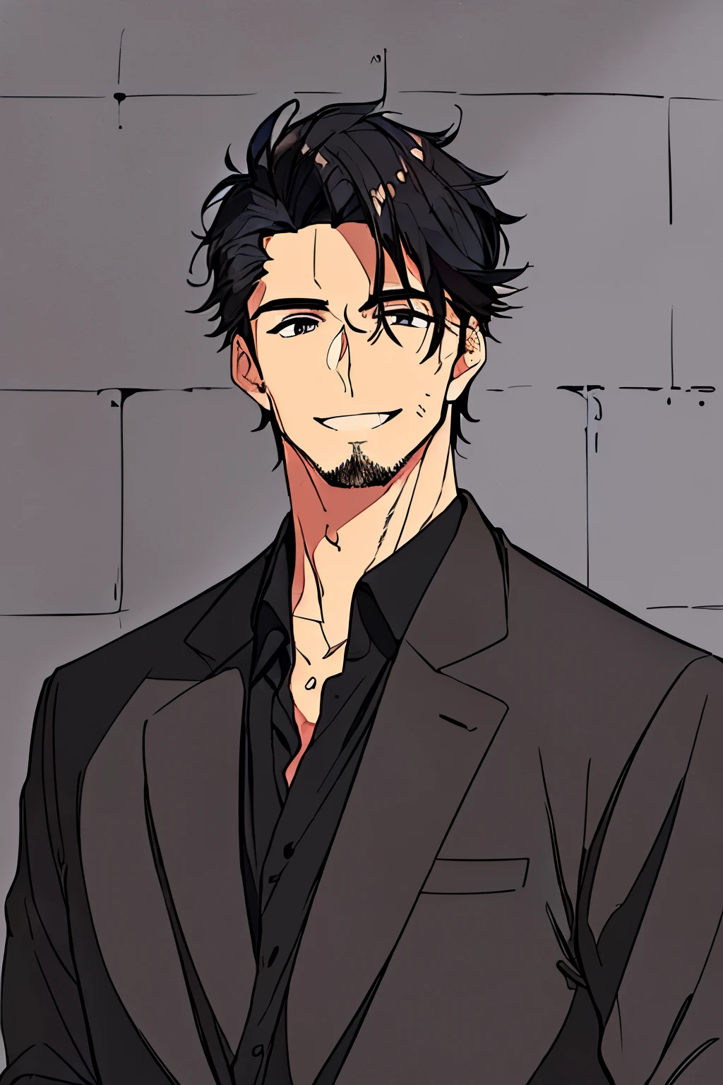 ((highest quality)), ((masterpiece)), ((detailed)), (((Perfect Face))), (((Attractive man in his 40s wearing a black suit, Black Shirt))), (((smile))), (((Black Hair))), (((Stubble))), (((Background wall))), (((Vision)))