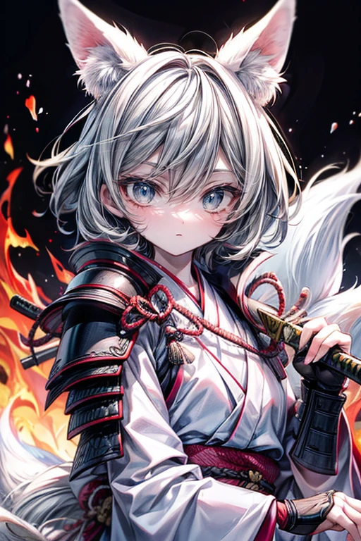 high qulity, tmasterpiece, ultra - detailed, White Fox Samurai, short detailed hair, mesmerizing eyes, Holding a katana, Japanese-style armor, fiery background