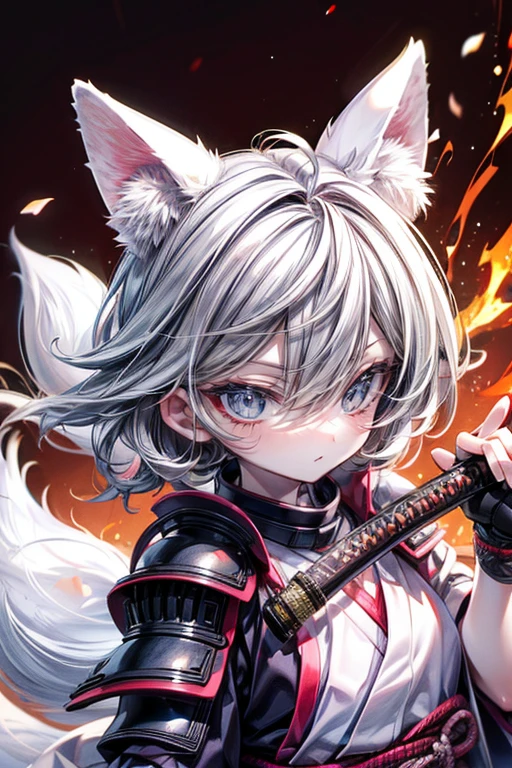 high qulity, tmasterpiece, ultra - detailed, White Fox Samurai, short detailed hair, mesmerizing eyes, Holding a katana, Japanese-style armor, fiery background