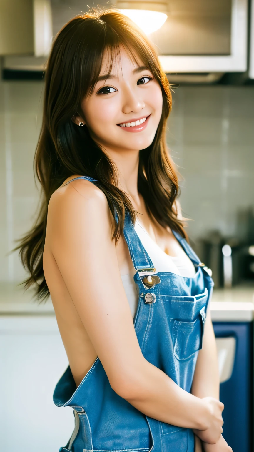 One girl,Long Hair,smile, ((Overalls)),(kitchen) 、RAW Photos, (photoRealistic:1.37, Realistic), Highly detailed CG integrated 8K wallpaper, View your viewers, (((Straight from the front))), (high qualityスキン:1.8, Shiny skin), 8K Ultra HD, Digital SLR, Soft lighting, high quality, Film Grain, Fujifilm XT3, ((Upper Body:1.6)), (Professional Lighting:1.6)、Large Breasts、(No clothes:1.5、I'm not wearing anything)、(I want to see up to my knees:1.5)、whole body