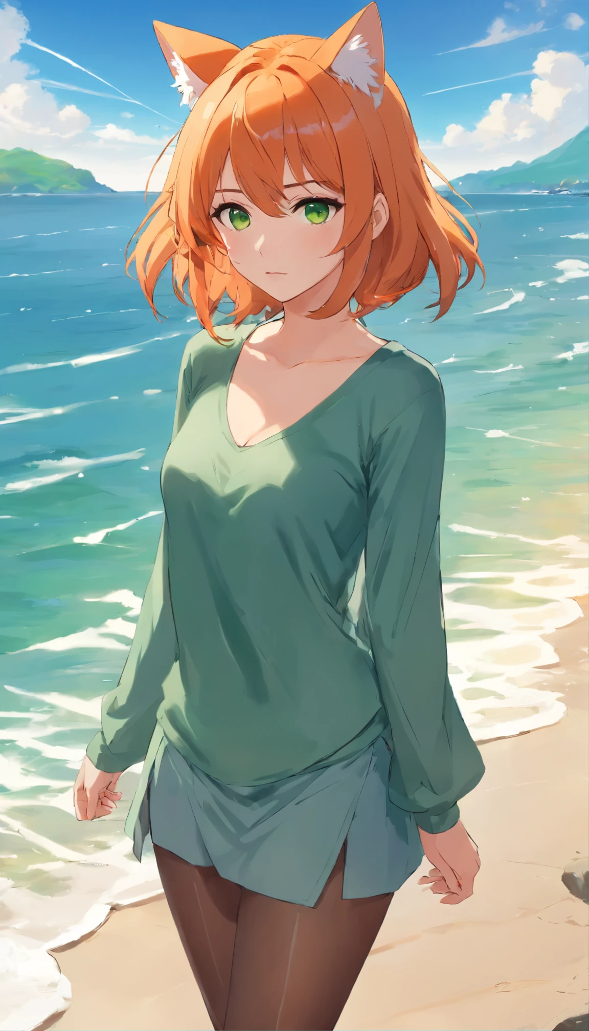 anime girl with long orange hair standing on beach near ocean, green eyes detailed digital anime art, cat ears, , anime girl with long hair, smooth anime cg art, anime girl with long hair, average breast size, digital anime art, artwork in the style of guweiz, beautiful anime portrait, photorealistic anime girl render, beautiful anime girl, advanced digital anime art, pantyhose, guweiz on artstation pixiv upscale HD UHD HQ
