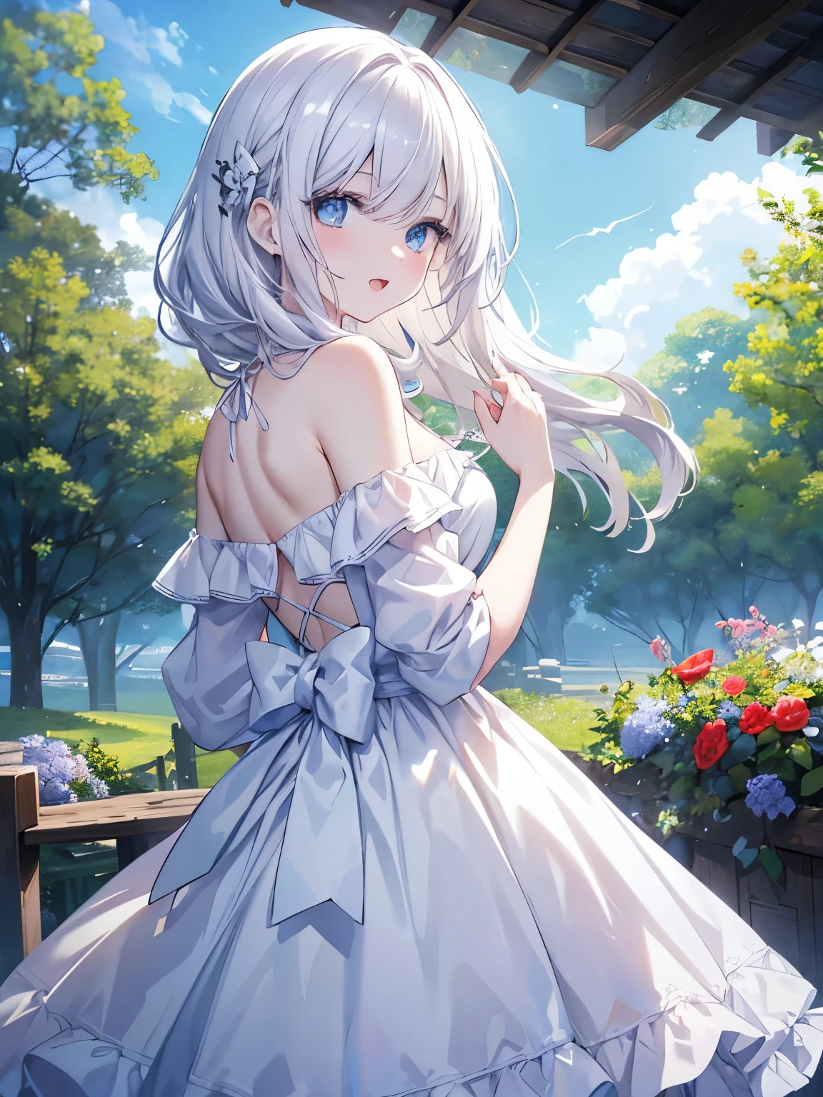 Masutepiece, Highest Quality, (Perfect face:1.1), (high detailing:1.1), (ultradetailed eyes), Dramatic,superfine illustration,Extremely detailed,1girl in,teenager,(pale skin),long white hair,Ethereal eyes,Blue eyes, With eyes highlights,with heart-shaped eyes,Solo,Smile,Happy,Laugh,Enjoy, Open mouth,Pouty lips,Cinematic lighting, Cowboy Shot,from back,whitedress, off shoulder,outdoor,bluesky,sunny,garden