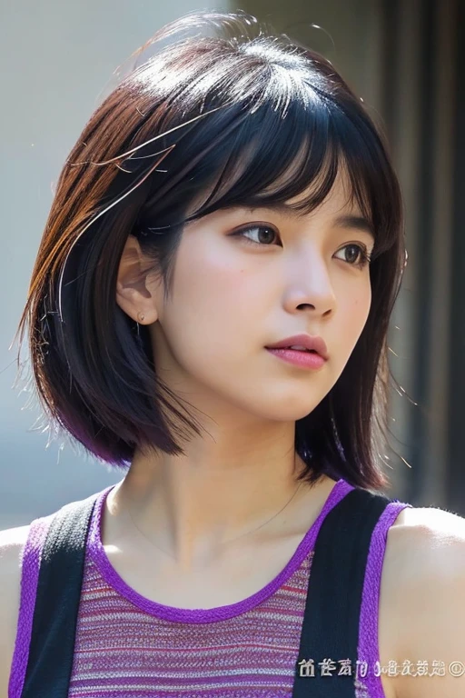 close-up of face, front angles, (RAW photo, highest quality), (realistic, photorealistic), Fei Liang Asian girl, 25 years old, beautiful and highly detailed face, short haircut at the level of shoulders, punk style, loose hair, black hair with a purple streak, wearing short sleeveless blouse in red, in the background the bay of hong kong early afternoon