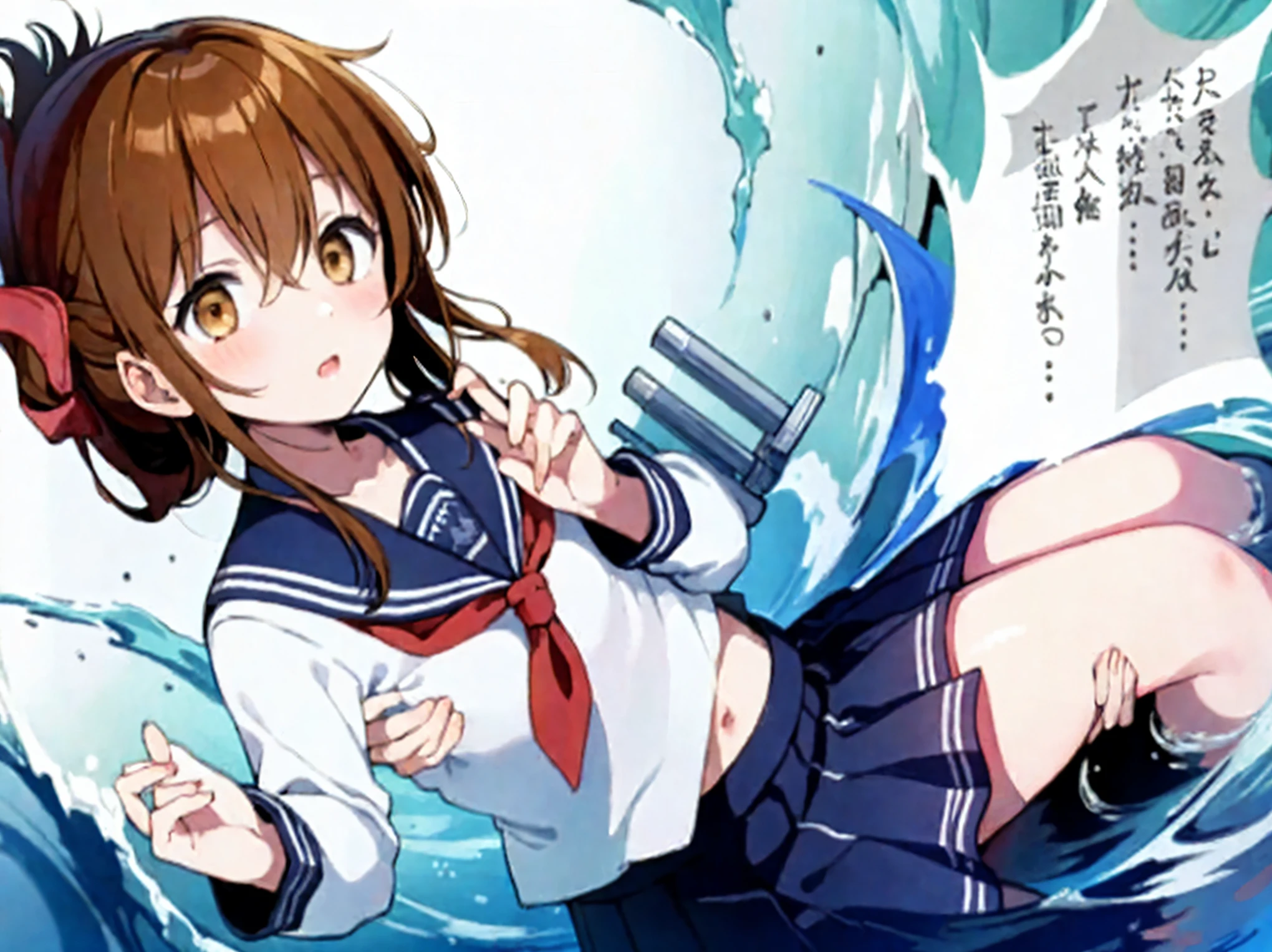 (masterpiece, best quality:1.2),illustration,8k,hd,1girl,solo,upper body,(portrait:1.2),brown_hair,folded_ponytail,brown_eyes,serafuku,long_hair,school_uniform,skirt,pleated_skirt,