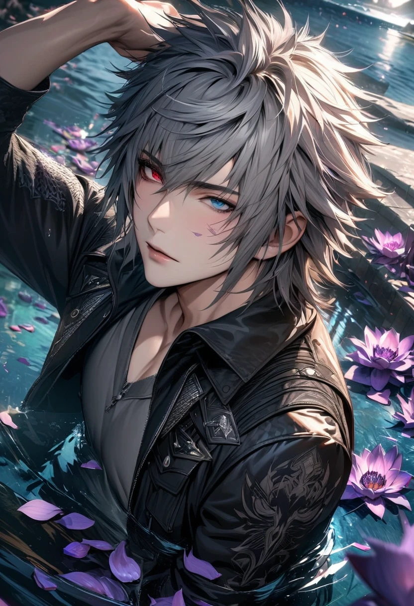absurdres, highres, ultra detailed, HDR, masterpiece, extremely detailed face and eyes, extremely detailed features, Riku, gray spiky hair, heterochromia, left eye red, right eye blue, final fantasy xv, solo, sexy man, handsome, black jacket, gray shirt, water, purple lilies, petals floating on the water