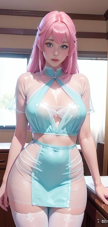 ((Top Quality、16K、masterpiece:1.3))、a tall and beautiful woman、Perfect Figure:1.4、(dream aesthetic) Slim Abs, young natural girl (beautiful) solo, long voluminous pale-pink hair 、messy hairstyle (with hair bangs), turquoise-blue eyes, pale-white skin (highlighted, realistic shading)、Huge bust、Highly detailed facial and skin texture、(A detailed eye, Symmetry Eyes, Clear realistic eyes, Double eyelidd、Cold-stricken face、Symmetrical face), very realistic skin, goth makeup, Royal sisters full of fans、The Telegraph Esbian、peach buttocks, white shirt, black skirt, black tights, cleavage, squart、(Raw foto:1.2)、((Photorealcitic:1.4))Top Quality、masterpiece、Real Photography、very delicate and beautiful.、super detailed CG、Unity、8K photo wallpaper、delicate detail、best qualtiy、Highly detailed CG unity 16k wallpaper、absurderes、Incredibly Absurd、huge file size、extremely highly detailed、Hight Resolution、ighly Details、Beautiful detail girl、extremely beautiful eyes and face, cute eyes look、Facial light、cinematic lightings、(Proportional hips, thick thighs, beautiful legs, realistic pantyhose) 1girll、see -through, inside house (bedroom) 、ulzzang-6500、The Telegraph Esbian, different poses at different angles,