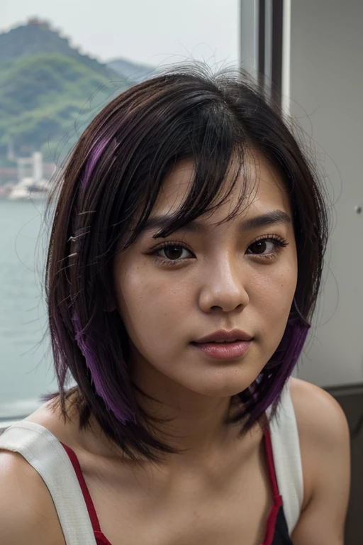close-up of face, front angles, (RAW photo, highest quality), (realistic, photorealistic), Fei Liang Asian girl, 25 years old, beautiful and highly detailed face, short haircut at the level of shoulders, punk style, loose hair, black hair with a purple streak, wearing short sleeveless blouse in red, in the background the bay of hong kong early afternoon