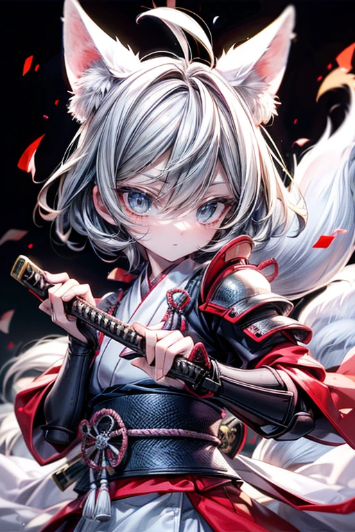 high qulity, tmasterpiece, ultra - detailed, White Fox Samurai, short detailed hair, mesmerizing eyes, Holding a katana, Japanese-style armor, fiery background
