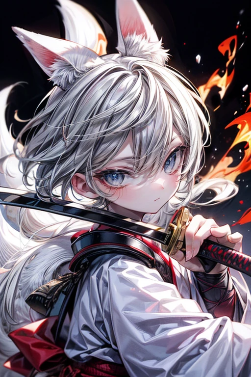 high qulity, tmasterpiece, ultra - detailed, White Fox Samurai, short detailed hair, mesmerizing eyes, Holding a katana, Japanese-style armor, fiery background