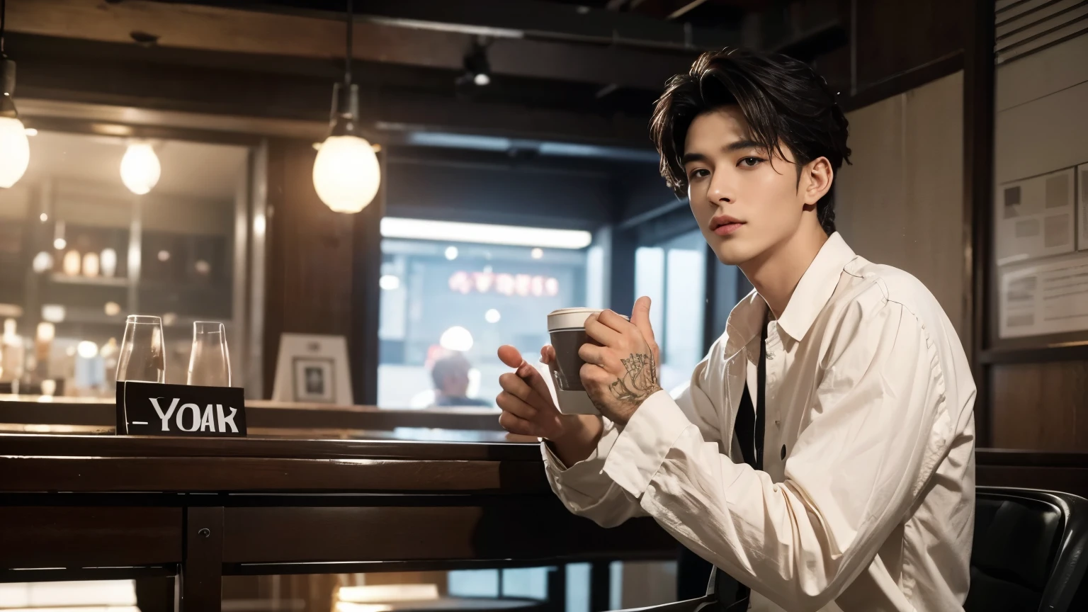 musician、Breezy, A handsome guy in his 20s、（Super cool S-class guy）、Japanese Men, 20-year-old、、Photo taken in a cafe、a handsome guy、（CG Unity 8K high resolution photo）、（Very detailedＳA handsome guy in class）、（Realistic）、（highest quality））、Very detailed、super high quality、expensive、audience、kind person、Very beautiful hair　Perm Hair、Bright photo、Handsome like a model、Handsome like an idol、Looking at the camera、inside a stylish cafe、Stubble