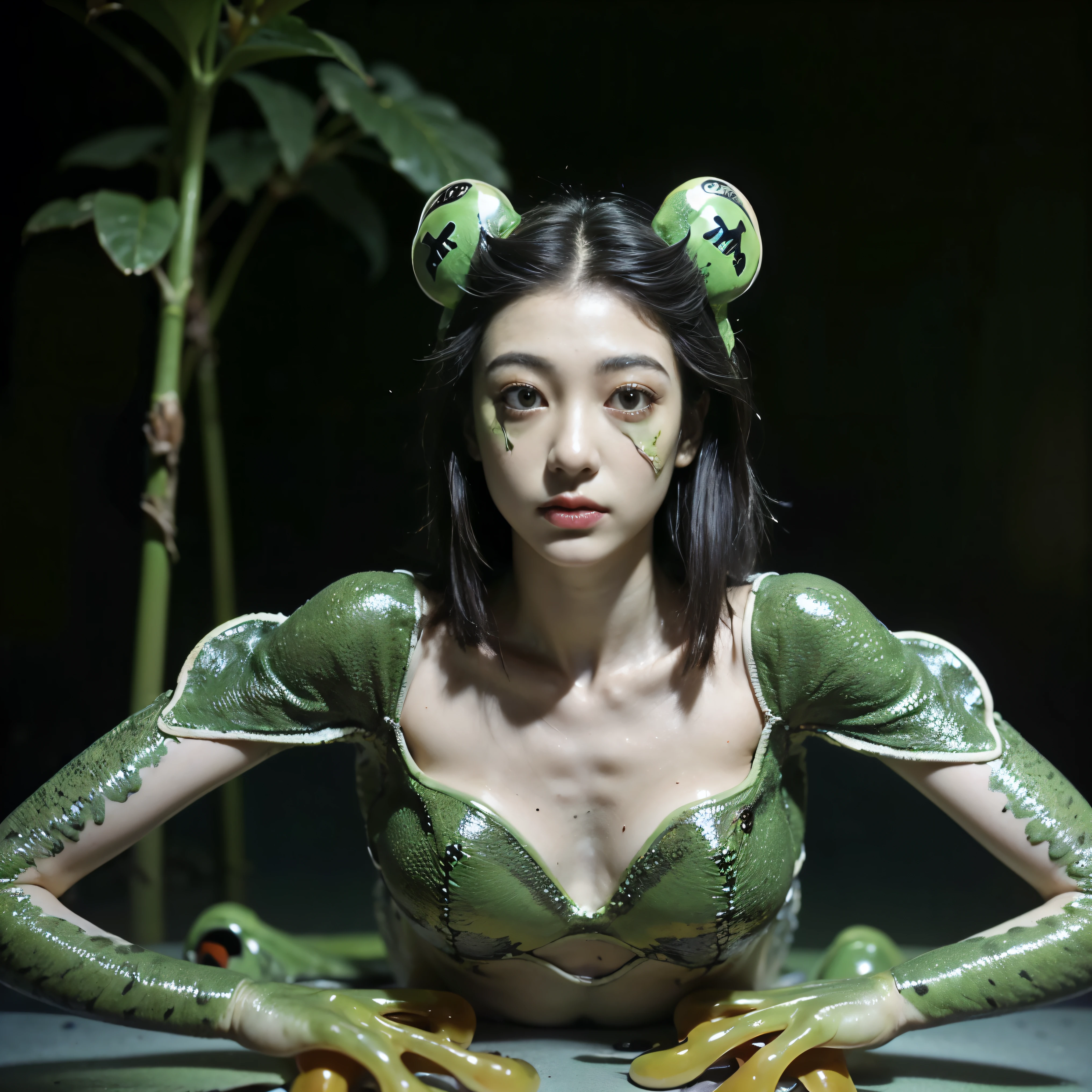 The upper body of a transcendentally beautiful young woman(A hybrid creature with the lower body of a frog:1.7)、Squats with wide legs open、Full Body Portrait、grotesque、Dark fantasy、Sticky、