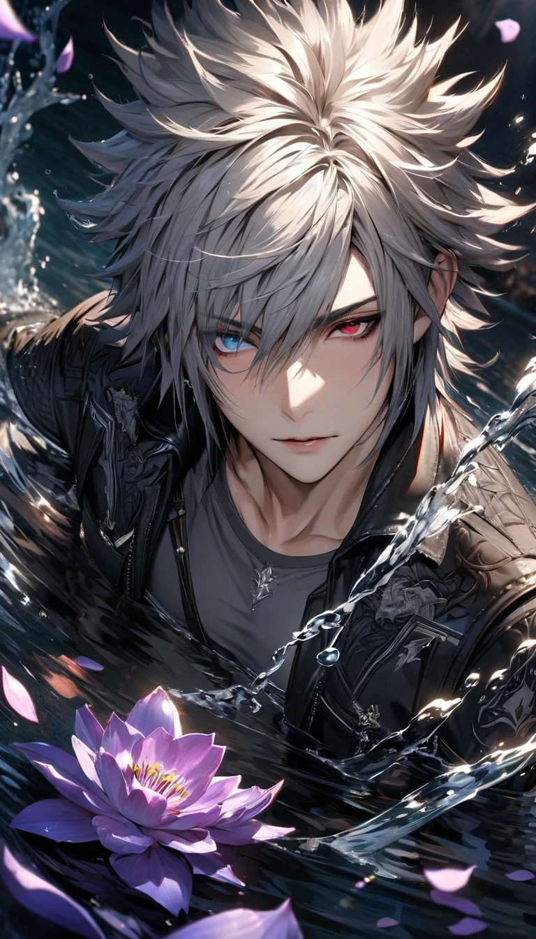 absurdres, highres, ultra detailed, HDR, masterpiece, extremely detailed face and eyes, extremely detailed features, Riku, gray spiky hair, heterochromia, left eye red, right eye blue, final fantasy xv, solo, sexy man, handsome, black jacket, gray shirt, water, purple lilies, petals floating on the water