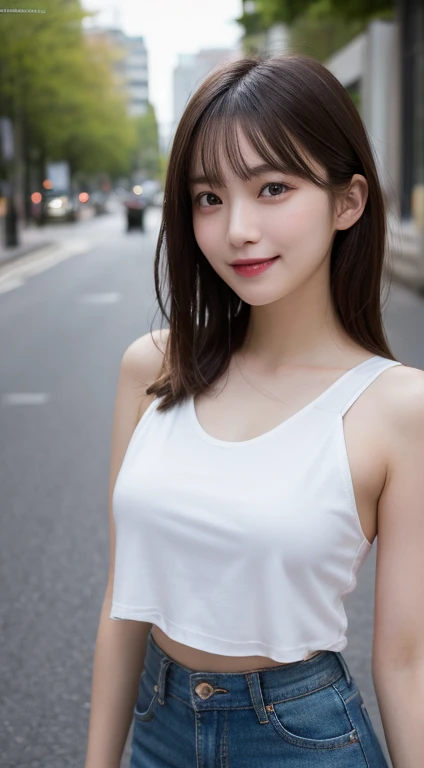 Tabletop, highest quality, figure, Very detailed, In detail, High resolution, 8k wallpaper, Perfect dynamic composition, Beautiful fine details, White oversized tank top,No bra,Transparent nipples,Medium Hair, Center of chest, Natural color lip, Random sexy poses,smile,Aoyama Street Walk、20-year-old girl
