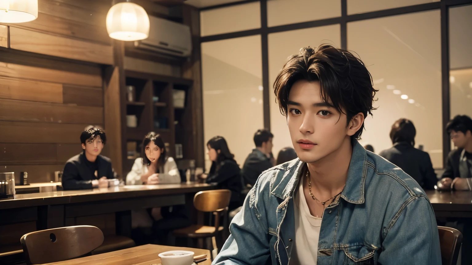 musician、Breezy, A handsome guy in his 20s、(Super cool S-class guy)、Japanese Men, 20-year-old、、Photo taken in a cafe、a handsome guy、(CG Unity 8K high resolution photo)、(Very detailedSA handsome guy in class)、(Realistic)、(highest quality))、Very detailed、super high quality、expensive、audience、kind person、Very beautiful hair Perm Hair、Bright photo、Handsome like a model、Handsome like an idol、Looking at the camera、inside a stylish cafe、Stubble