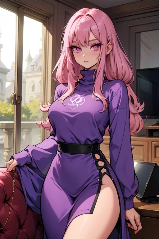 A pink haired woman with violet eyes with an hour glass figure in a sweatshirt dress is playing video games in the living room