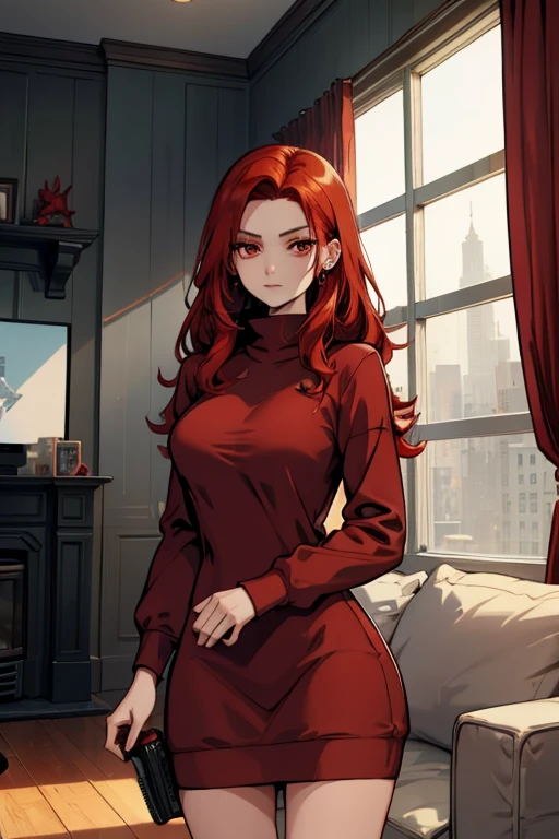 A red haired woman with red eyes with an hour glass figure in a sweatshirt dress is playing video games in the living room