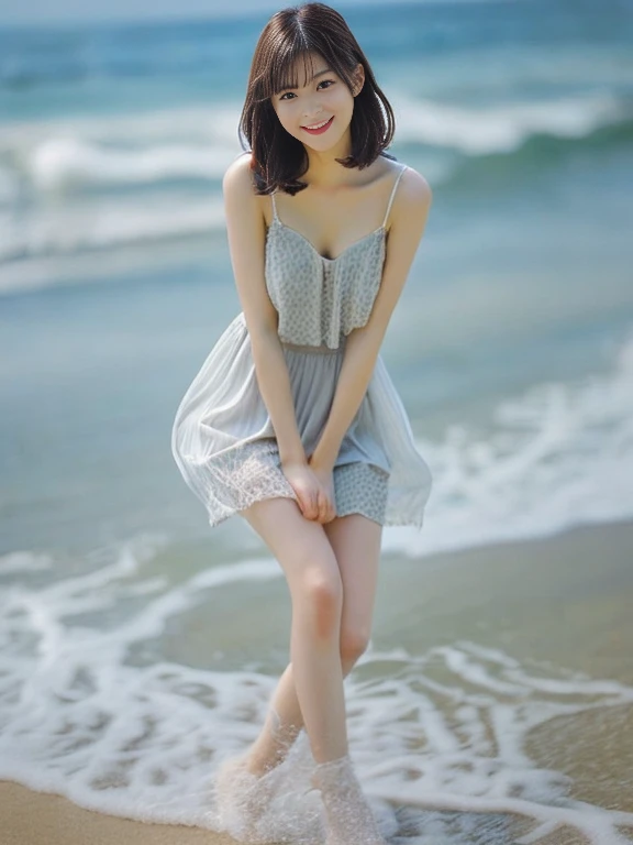 リアルな写真image quality、8kimage quality、Standing on the beach by the water in a sheer summer dress20Old woman、Thin shoulder straps,Grey mini skirt、 Beautiful idol, Posing on the beach by the sea, The waves wash over my feet、Beautiful model, Gorgeous Japanese Model, Slightly larger breasts、Cleavage、Beautiful Japanese Women, A cute young woman, Young and pretty woman, A cute seductive smile、 Neat and clean young woman, Lovely lady,looking at the camera、Soft lips、Delicate and beautiful eyes