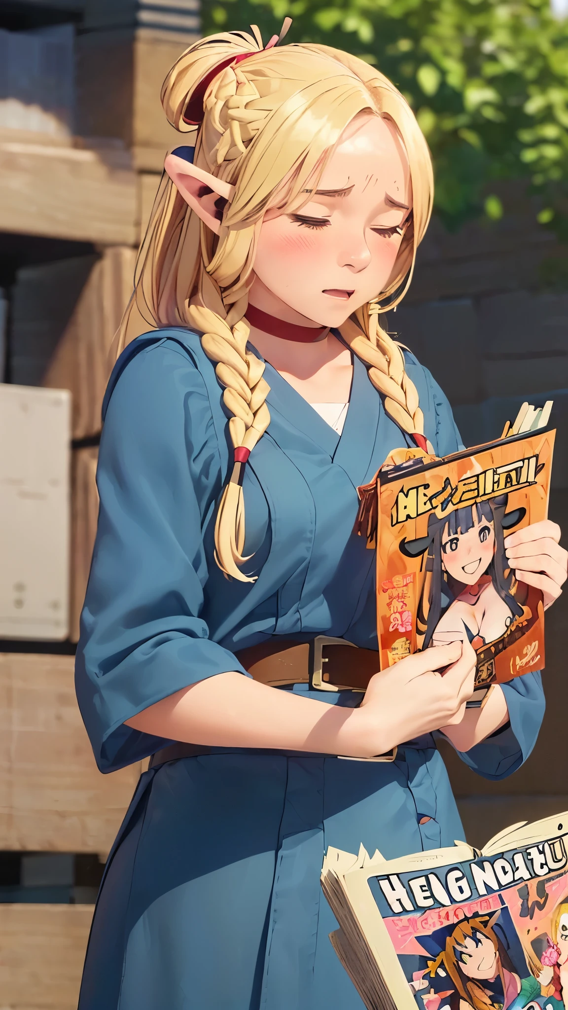 solo, (embarrassment, confused expression, blush, shy face expression:1.2), (open eyes:0.5), (reading action, reading hentai, holding, holding hentai magazine:1.5), comics,fantasia,marvel e DC, library, book shelves, dungeon background, dmeshimarcil, choker, belt, capele