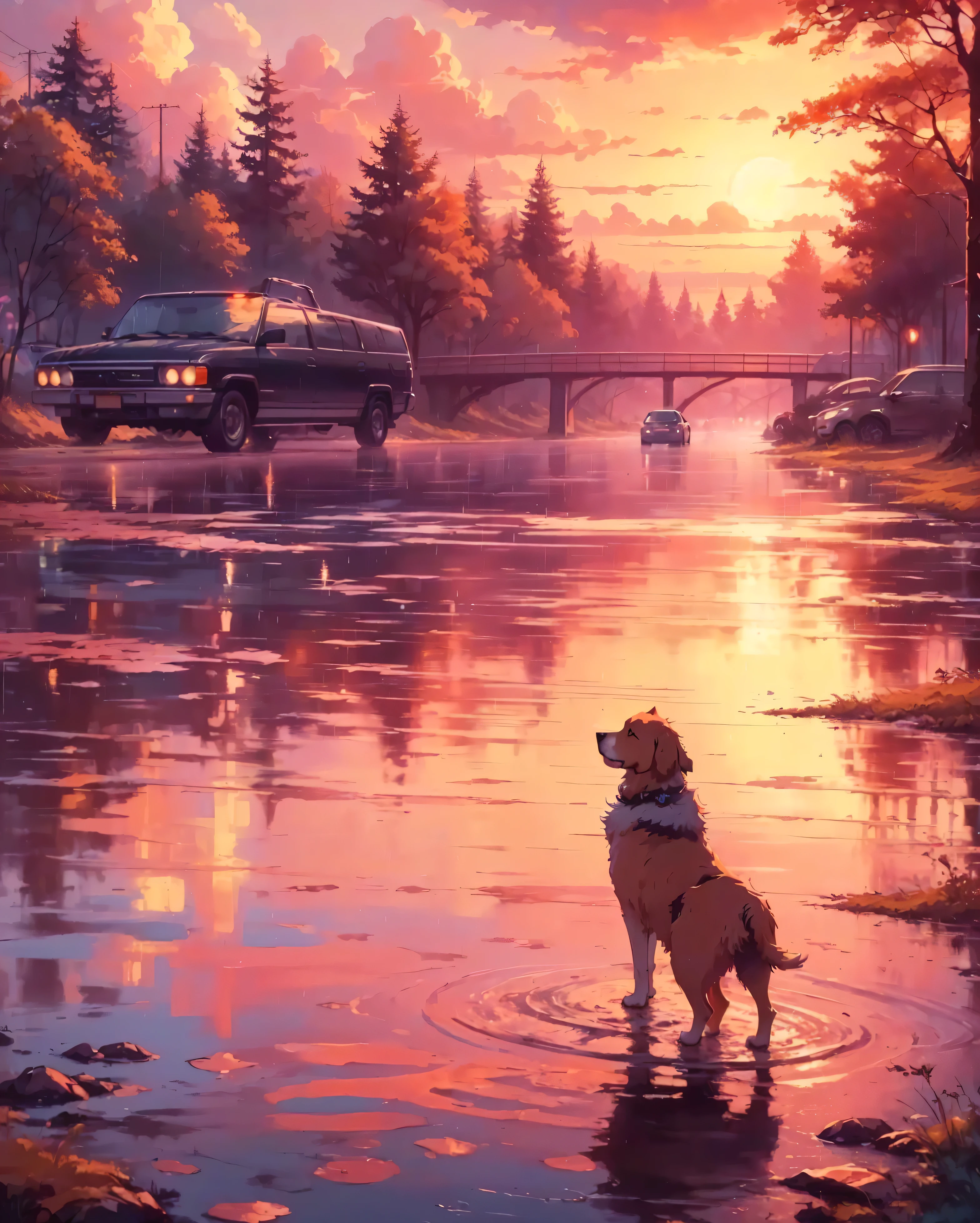 painting of a dog standing in a puddle of water in front of a bridge, makoto shinkai cyril rolando, ross tran. scenic background, by Alena Aenami, anime art wallpaper 4k, reflections. by makoto shinkai, anime art wallpaper 4 k, lofi artstyle, background artwork, atey ghailan 8 k, lofi art, car should be fixed , in raining theme ,