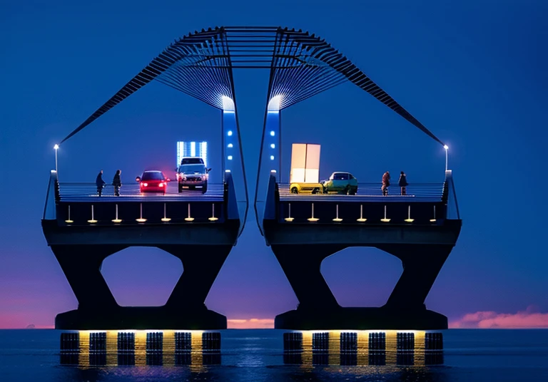 Bridge, cars ,trucks , motorcycle, 