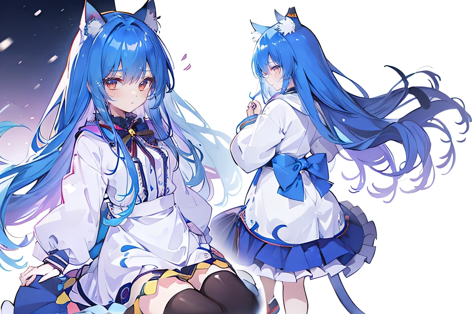（masterpiece：1.2），Super detailed，lifelike，Expressive eyes，fair skin，perfect face shape，1 girl，
Japanese comics,Gorgeous blue hair,flowing blue hair,flowing clothes,Cat ears,Petals fall,beautiful lola,Baby Angel,
Cross your legs，Gentle and peaceful background，The pavilion is cool and comfortable,smile, wearing hoodie, background of tokyo,back views,snowing, winter.