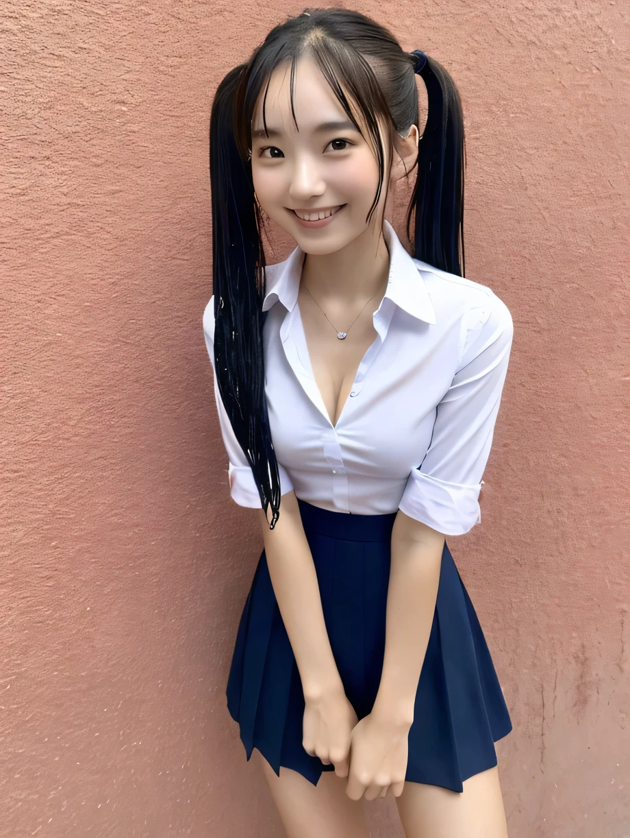 ((Ultra-high resolution)),8K,、Leaning forward to reveal cleavage、Small breasts, , Twin tails,  Red mini skirt, Navy blue shirt, Front opening of the shirt、Small cleavage 2:1,Idol Sculpture, Wet, smile、Pink wall、sexy、slender、Shapely small breasts