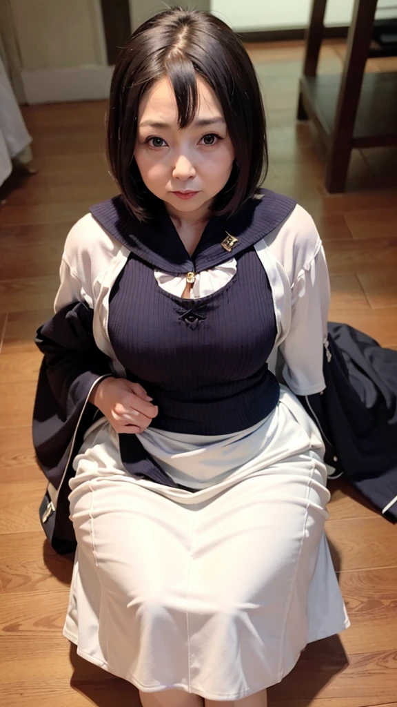 ((highest quality、8k、masterpiece:1.3))、Photorealistic, Sharp focus, High-level image quality, High resolution, Portraiture, alone, Japanese, Middle-aged women, Beauty, Embarrassed look, (business suit,　Tight Skirt:1.3),  43 years old, Plump, Bob Hair, (Wrinkles around the eyes:0.6), Office Changing Room, Many steel lockers, Dark Background,Detailed face, Beautiful Eyes, Small face, Round face, Double big eyes,Long, cat-like eyes, Long eyelashes, Big Nose, Large forehead,Huge bust,Huge hips,Thick thighs,Plump body,,Short,Height: 150cm
