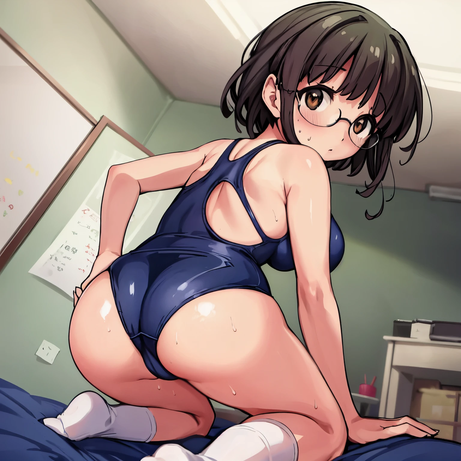 nsfw,highest quality,(8K Portrait),(Official Art)、obesity、((short hair))、blush,((dark hair)),(Sweat),White knee socks、One Woman,((:is))、hot、Office Room、Glasses、Thick thighs, Such an ass, Liar, Open crotch, Dettol, Down the Out、(Dynamic pose)、isらしない身体、Dynamic Angles、Turning around、(On all fours:1.2)、On knees、Angle from behind、Cowboy Shot、bottom less、Big Ass、(Navy blue school swimsuit:1.2)、One Woman性