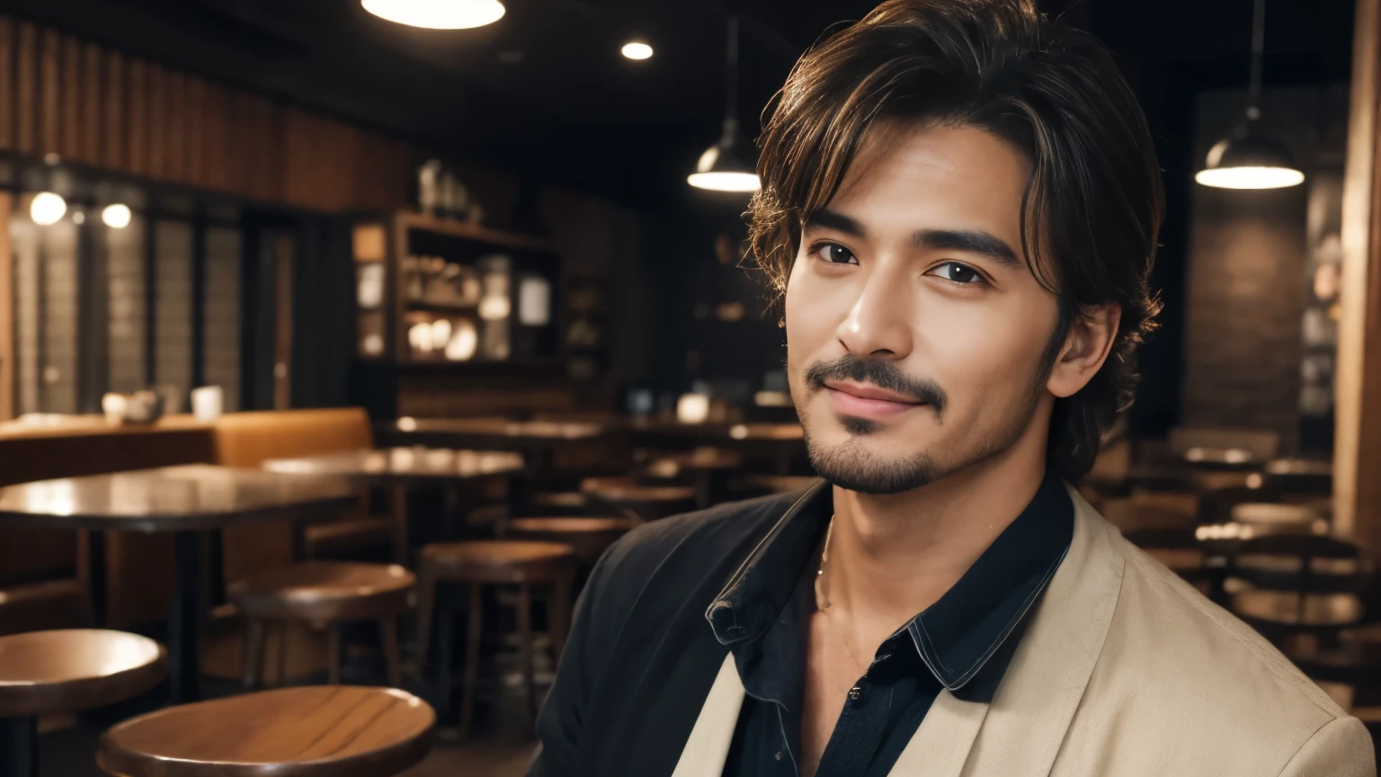 musician、Breezy, Handsome man in his 40s、（Super cool S-class guy）、Japanese Male, 40 years old、、Photo taken in a cafe、a handsome guy、（CG Unity 8K high resolution photo）、（Very detailedＳA handsome guy in class）、（Realistic）、（highest quality））、Very detailed、super high quality、expensive、audience、kind person、Very beautiful hair　Perm Hair、Bright photo、Handsome like a model、Handsome like an idol、Looking at the camera、inside a stylish cafe、Stubble
