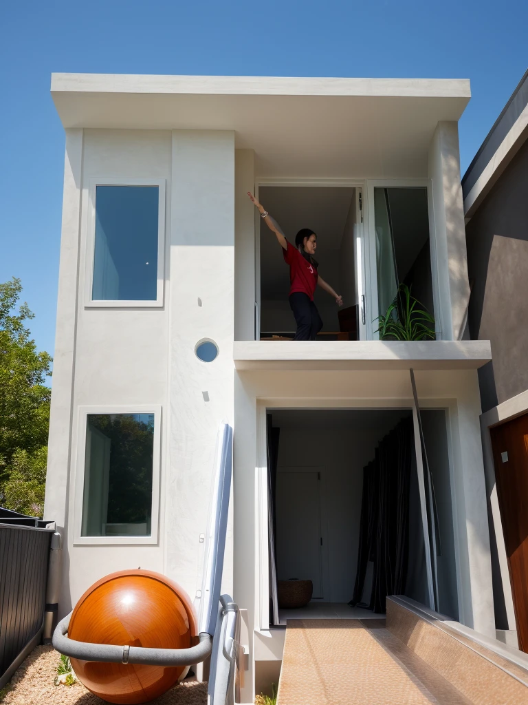 a view of a modern home with a large front yard, main material by white wall and stone and wood,  1 road runs in front of the house,  (RAW photo, real, best quality, masterpiece:1.2), look morden minimalist, 1 road in front of the house, shime ring light, light brighteness from indoor:1.2, dynamic lighting:1.3, (hyper realistic, photo-realistic:1.2), high quality, day lighht, hight contrast :0.5 perfect lighting, archdaily,  award winning contemporary, contemporary masterpiece, well-designed masterpiece, large modern residence, neotraditional modern, wide angle exterior 2022, midcentury modern, contemporary house, hip modern vibe, a long-shot from front, award winning modern design, stunning lines, residential, subtle detailing,Green tree in front of the house, sunset light